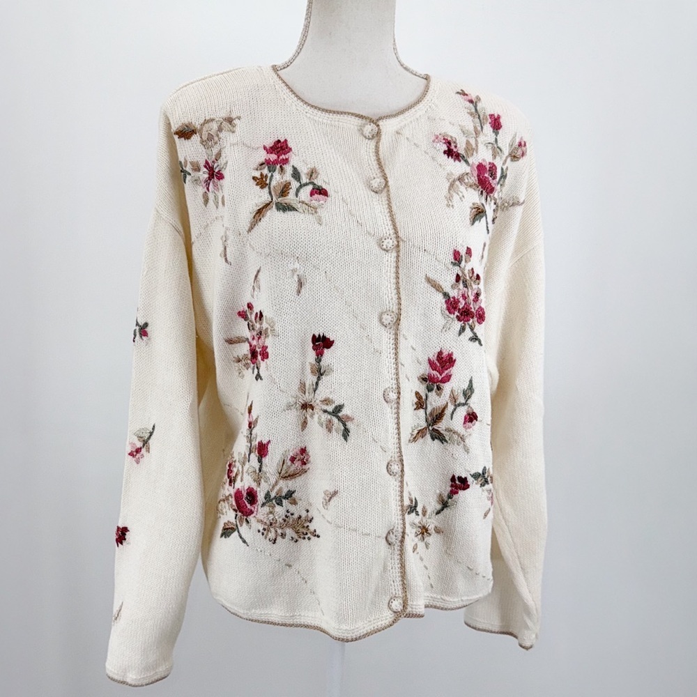 Vintage 2000 Tiara International Floral Embroidered Cardigan XL Ramie Cotton